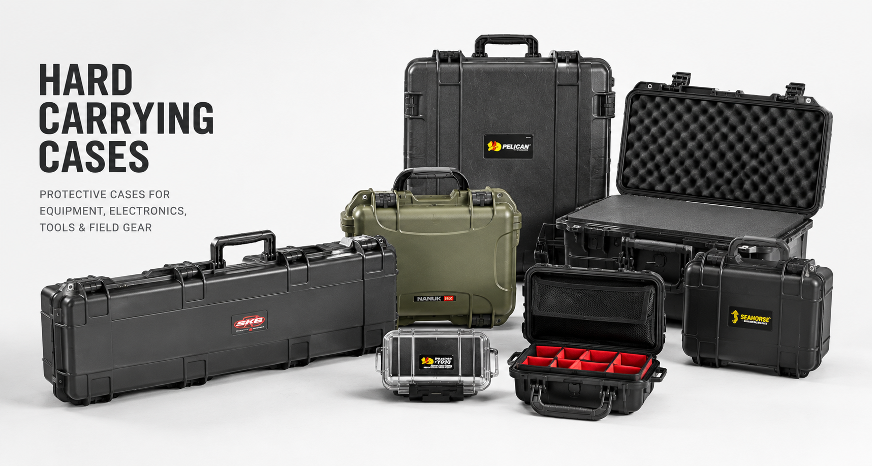 Hard carrying cases for tools, electronics, instruments, cameras, parts, and field gear in micro, small, medium, large, and long sizes