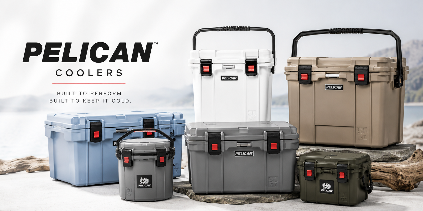 Pelican coolers including personal coolers, wheeled coolers, backpack coolers, sling coolers, and elite hard coolers