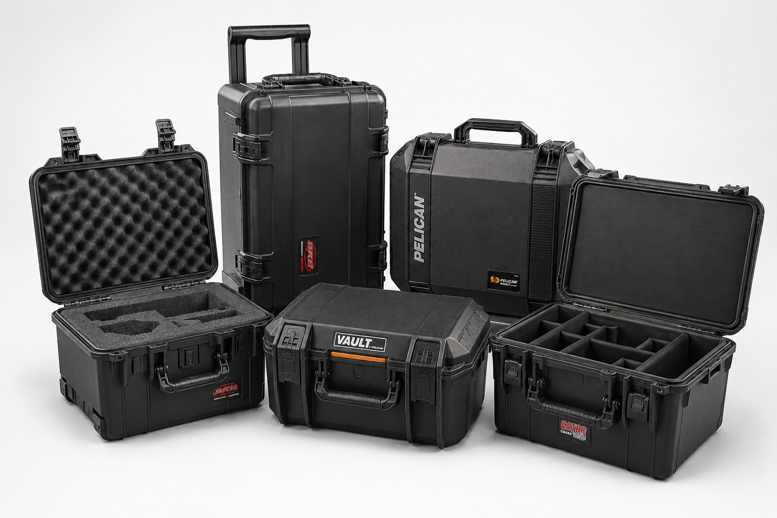 Waterproof utility cases for equipment, tools, electronics, parts, and gear with foam, empty, and divider interior options