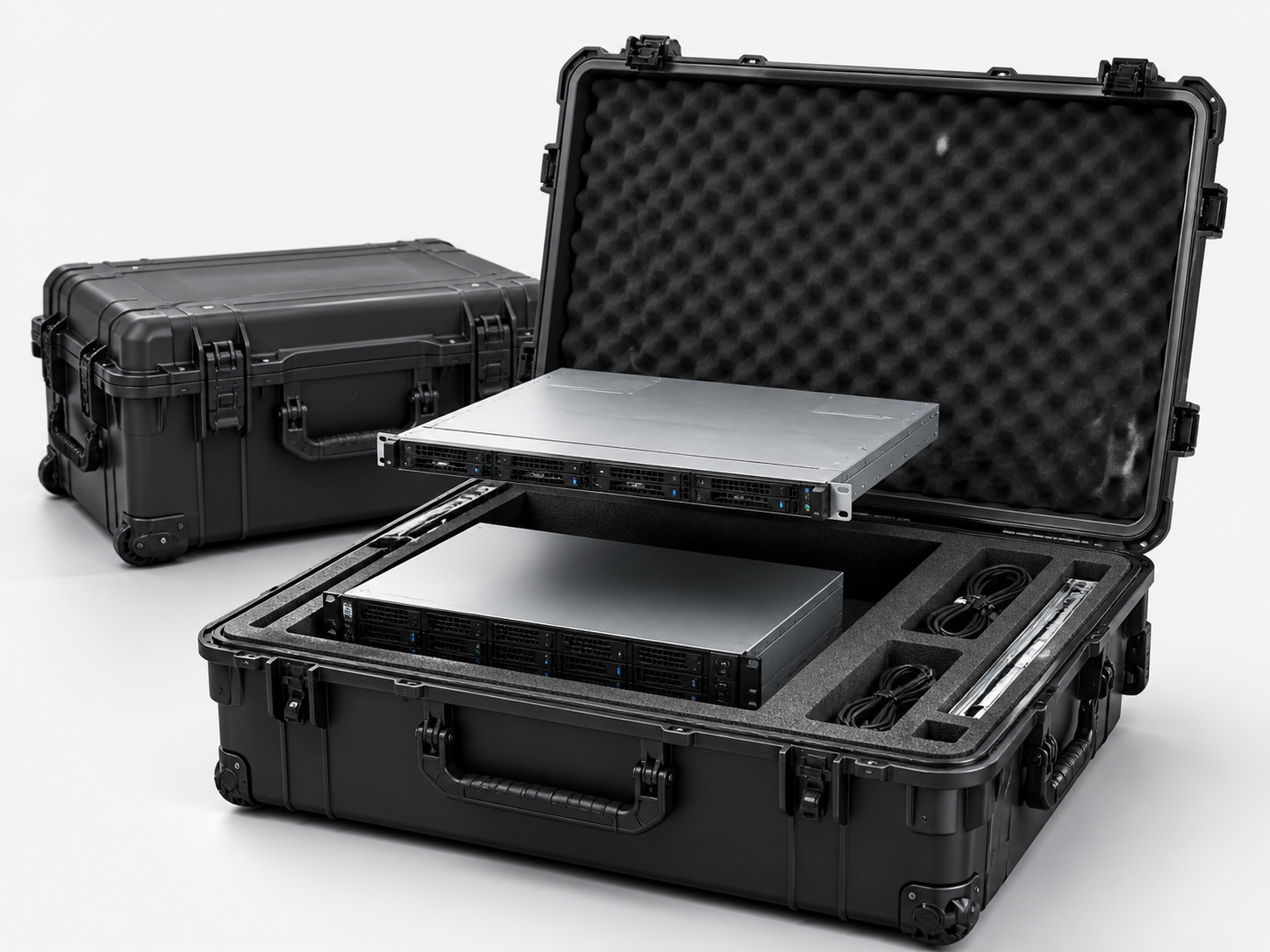 Open server shipping case with custom foam interior for rack mount and tower server transport